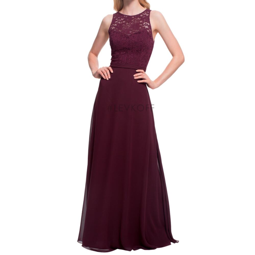 Bill Levkoff Burgundy Dress Sweetheart Halter Open Back Formal Maxi Dress 14